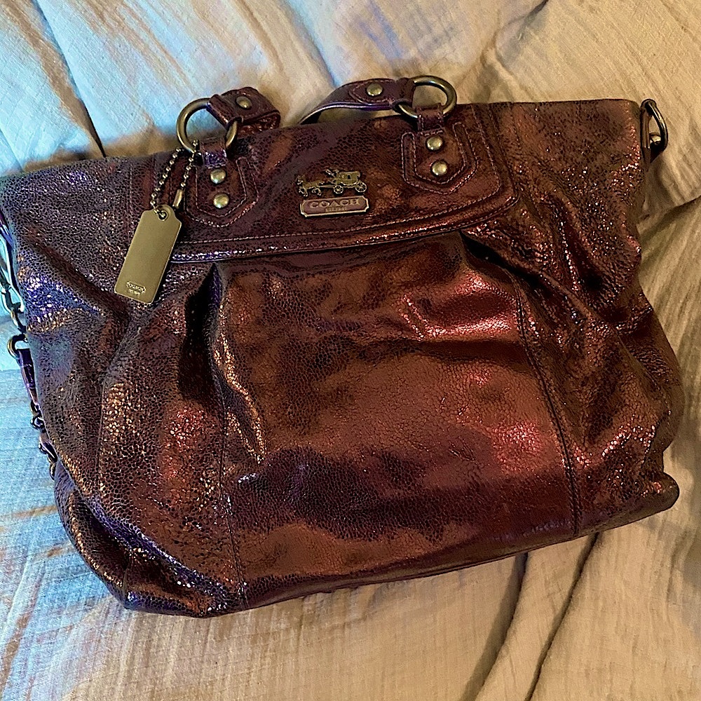 Coach shimmery purple vintage leather bag with chain strap and top handles